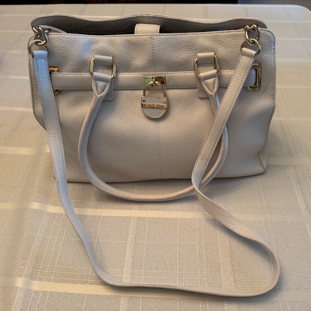 Calvin Klein White Leather Belted Satchel Bag with Crossbody Strap 